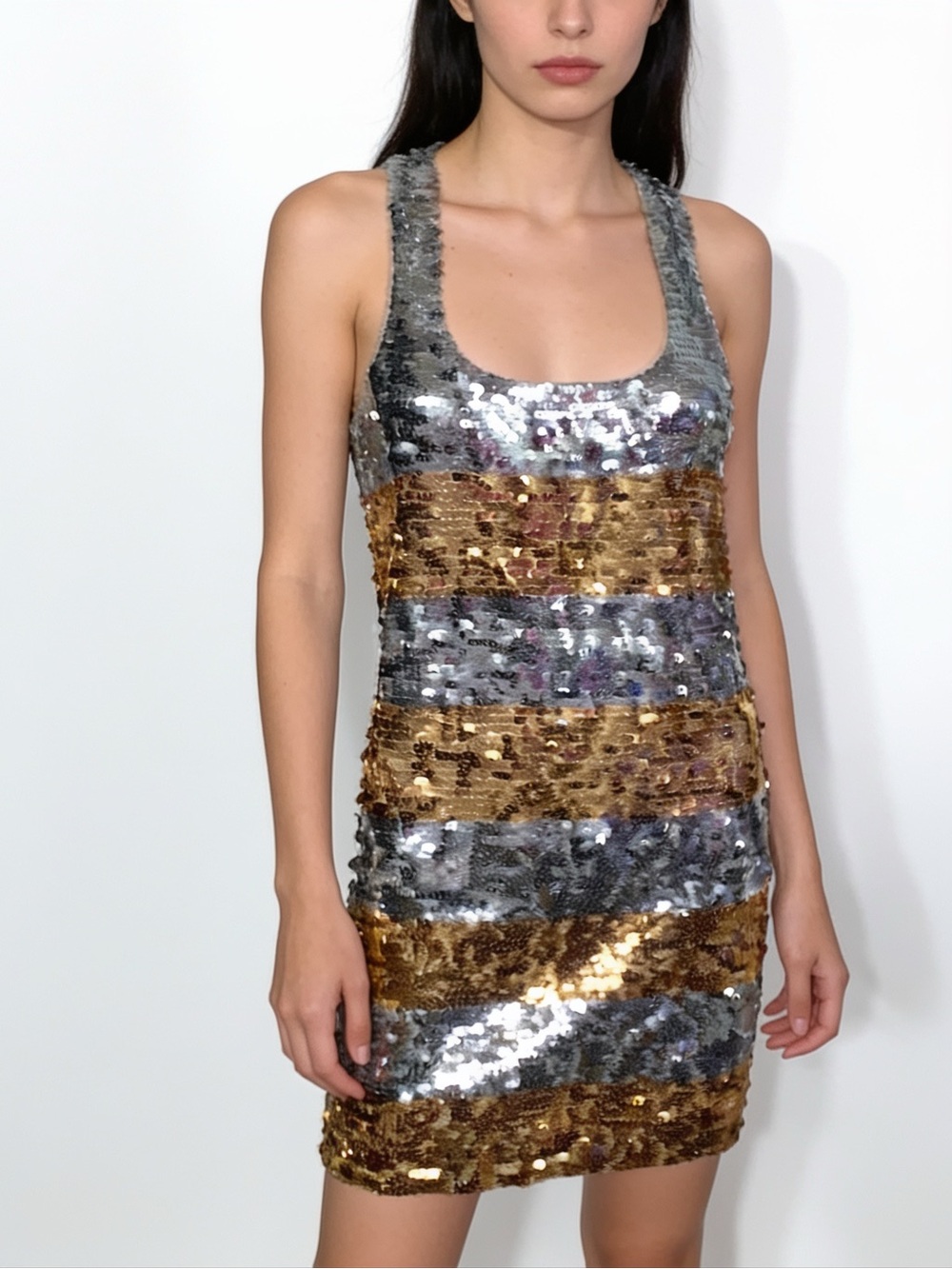 DIABLESS France silver gold sequin halter bodycon party NYE dress S 1
